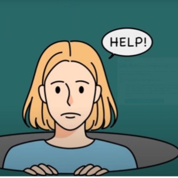 Illustration vom Oberkörper einer weiblich gelesenen Person, die aus einem Loch herausschaut, traurig. Via Sprechblase sagt sie «help!»