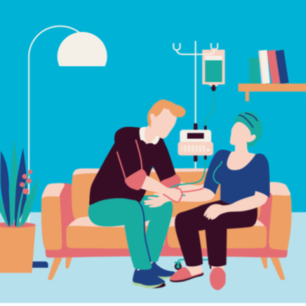 Illustration zeigt zwei Personen auf dem Sofa, links eine medizinische Fachperson, die der Person rechts einen Katheter legt